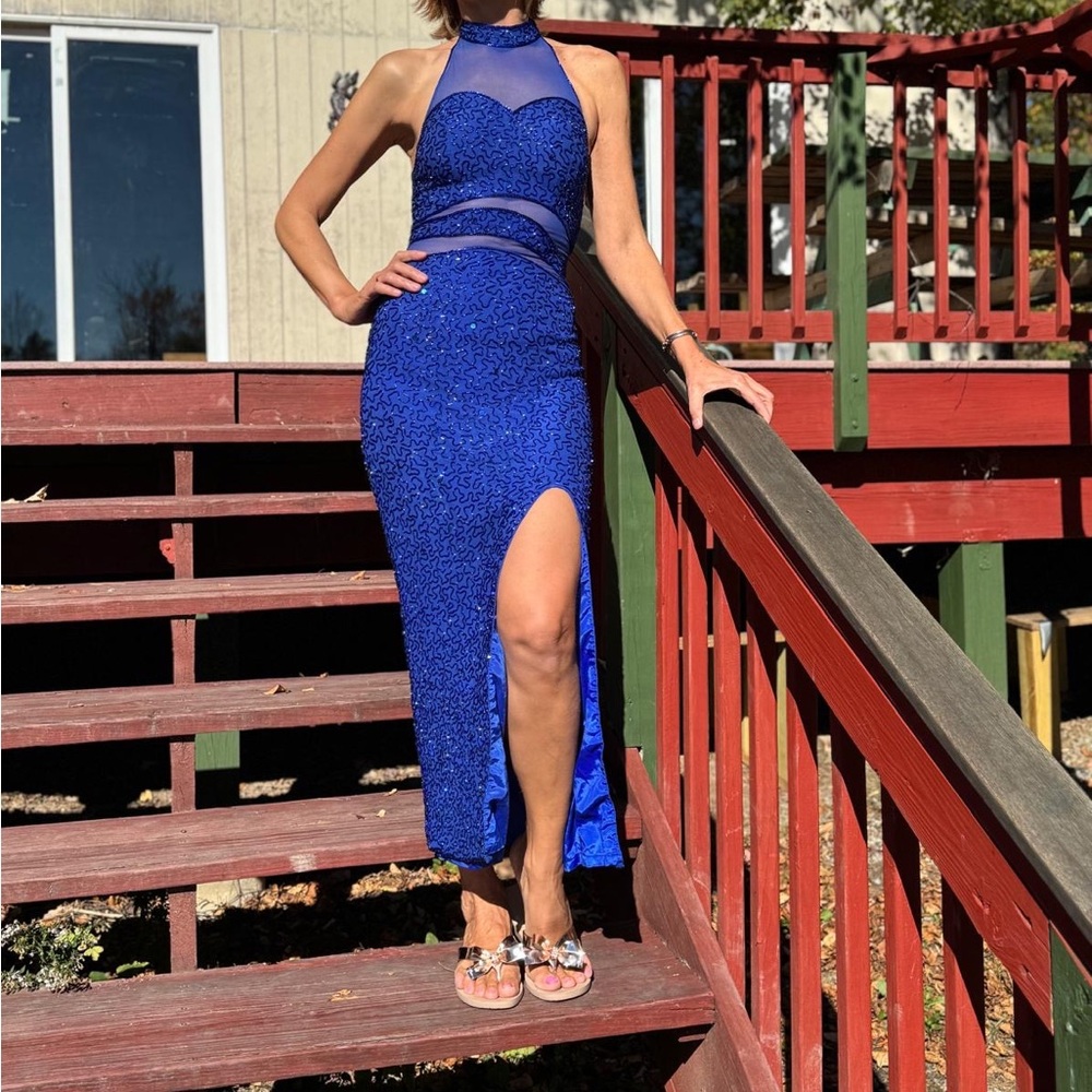 Elegant & Flattering Fit Party Royal Blue High-Low Dress